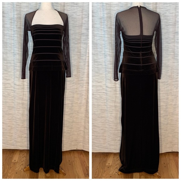 Tadashi brown two-piece velvet and mesh top and skirt set. - Picture 2 of 16